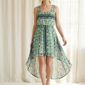 MOSSIMO Green White Abstract Print Sleeveless High Low Hem Midi Dress Size M